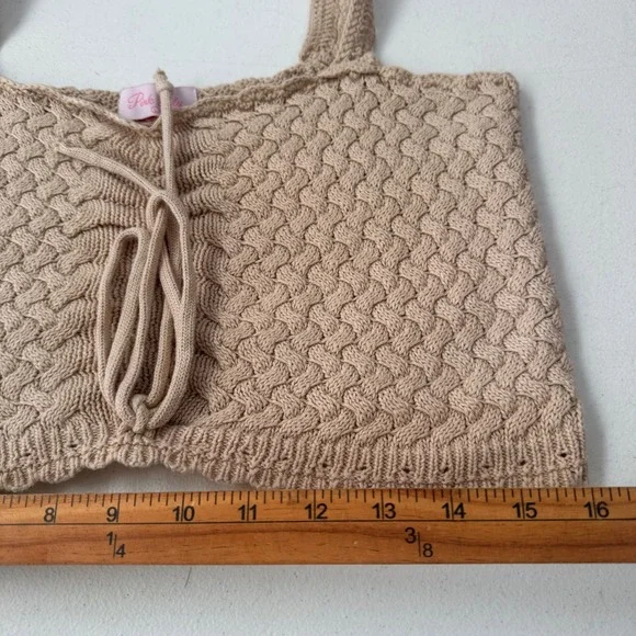 Womens Beige Tan Crochet Knit Crop top chunky preppy boho western sweetheart - Picture 4 of 6